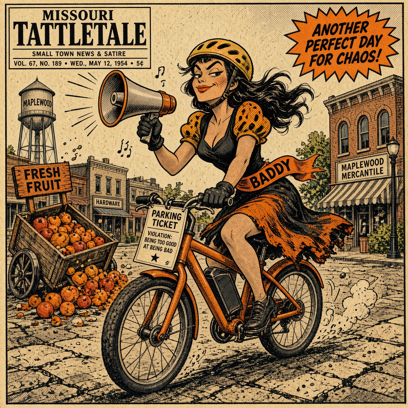 Fictional comic mascot Miss Sidewalk, labeled Baddy, on an e-bike